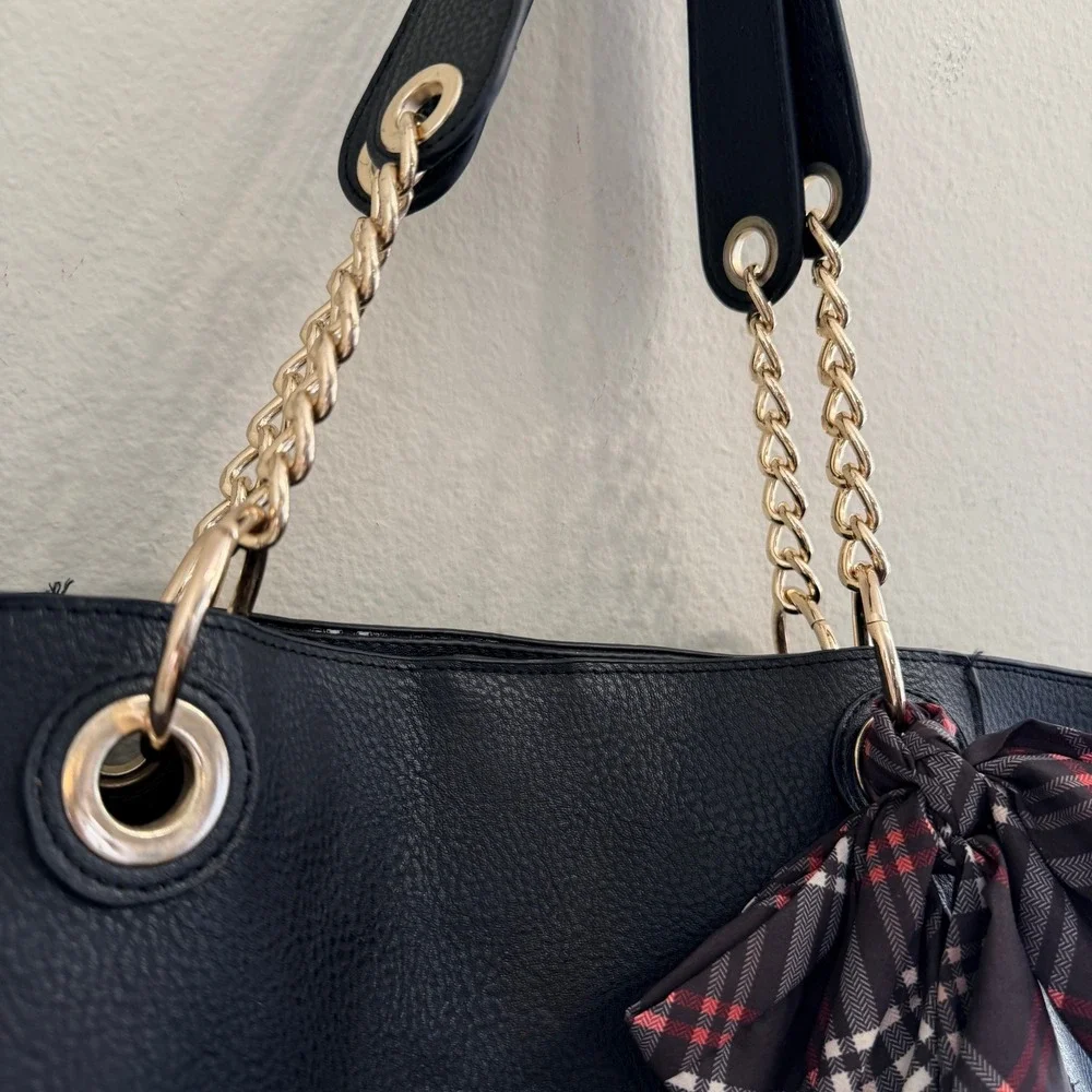 Steve Madden Black Faux Leather Tote Bag Gold Chain Straps Plaid Scarf Vegan